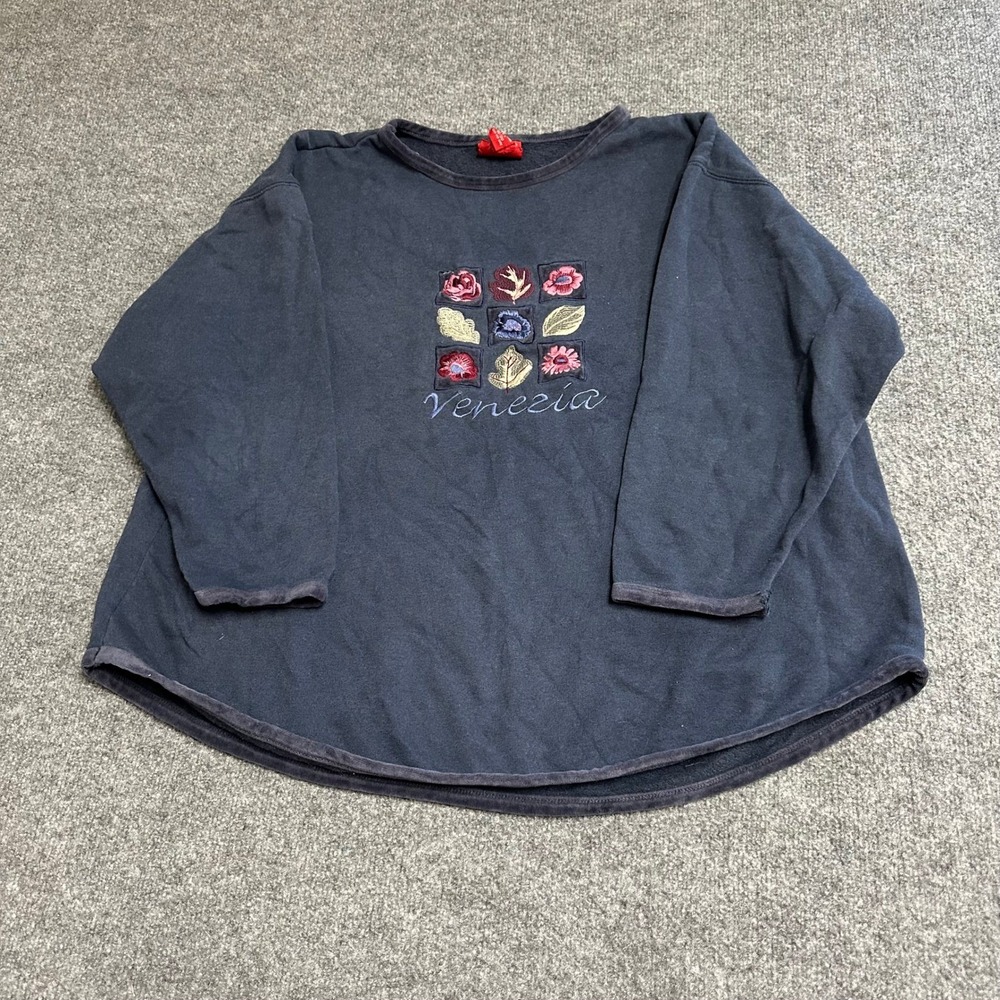 Venezia Jeans Sweatshirt Womens Size 18/20 Blue Floral Embroidered Pullover Crew